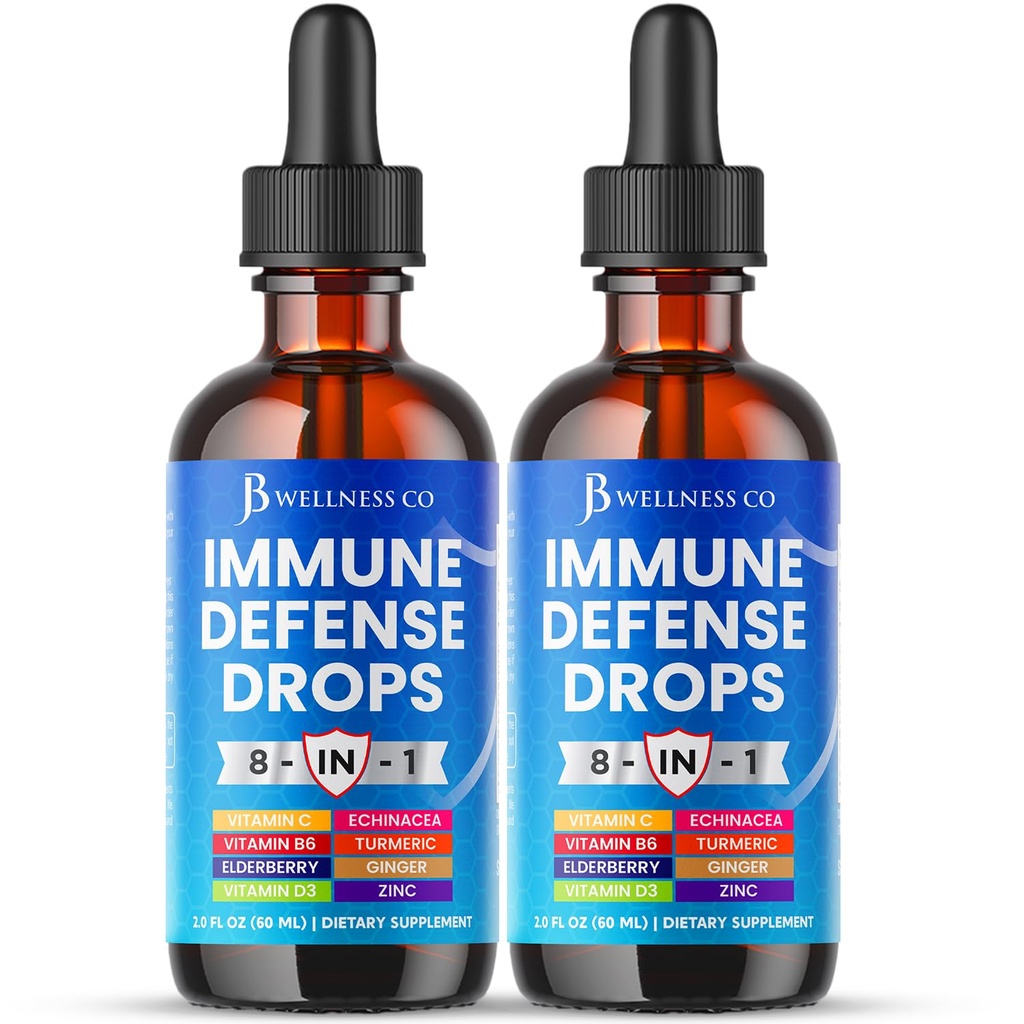 8-in-1 Immune Defense Liquid Drops – Elderberry, Echinacea, Turmeric Curcumin, Ginger, Vitamins C & D3, Zinc & B6 – Fast-Absorbing Immune Support & Antioxidant Support – Vegan, Non-GMO – 4 oz