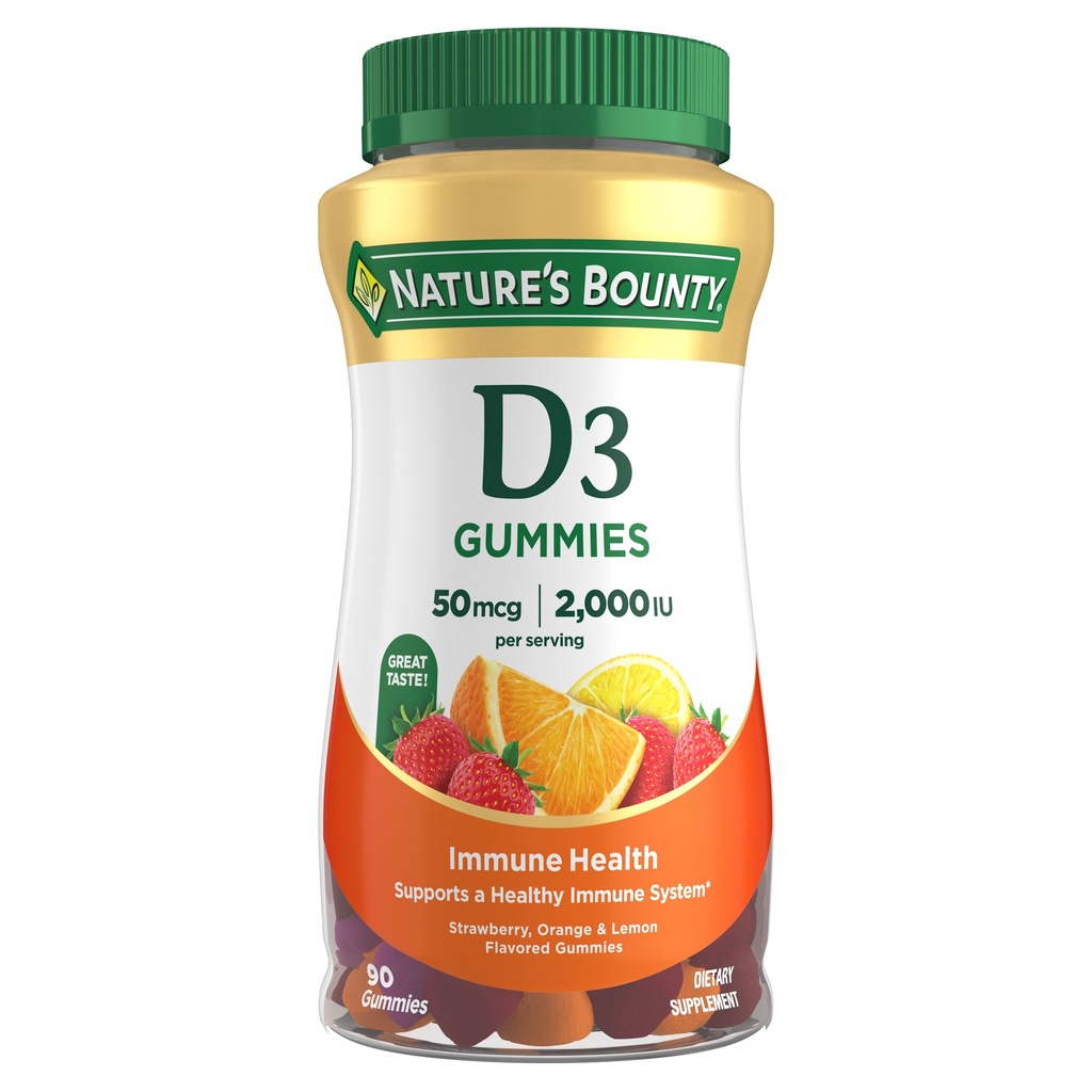 Η βιταμίνη D3 Gummies της φύσης, συμπλήρωμα βιταμίνης, υποστηρίζει την ανοσοποιητική υγεία, 50mcg, 2000IU, μικτή γεύση φρούτων, 90 Gummies