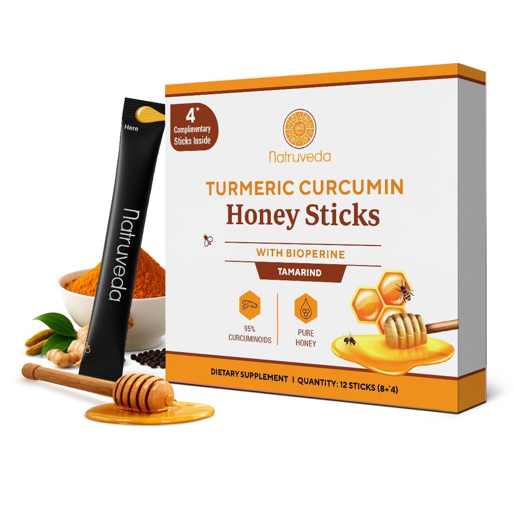 Natruveda Turmeric Ginger Honey Sticks with Black Pepper Ginger Shot with Honey Alternative Enhanced Bioavailability for Absorption Support Daily Wellness Support 12 Sticks