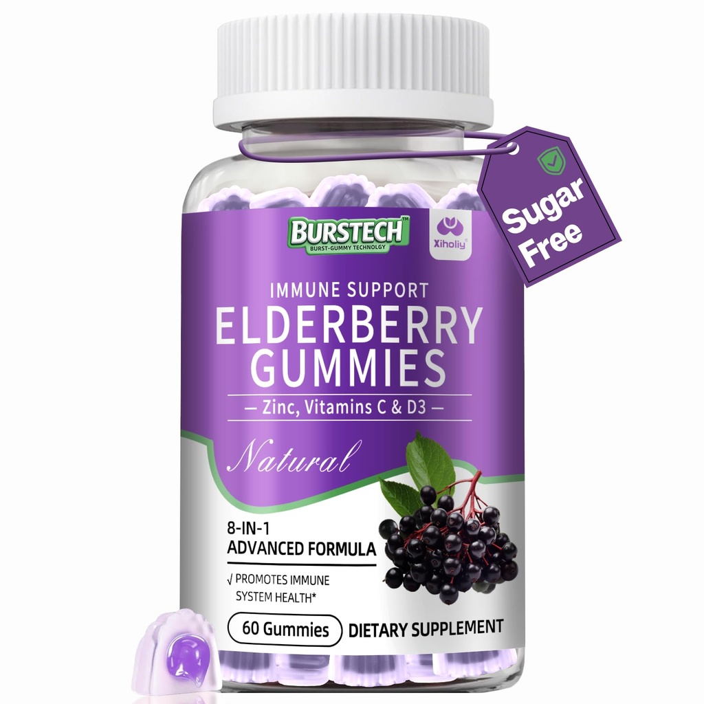 Elderberry Immune Support Gummies - 8-in-1 Immunity Supplement for Adult, Teens & Kids, Sambucus with Vitamin C & Zinc, Suitable for Flight & Travel, High Potency, Vegan, Non-GMO, Sugar-Free, 60 Count