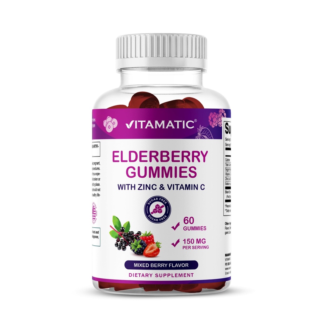 Vitamatic Elderberry Gummies with Vitamin C & Zinc – Immune Support Supplement – Mixed Berry Flavor– 60 Gummies – Made in the USA, Vegan, Non-GMO, Gluten-Free