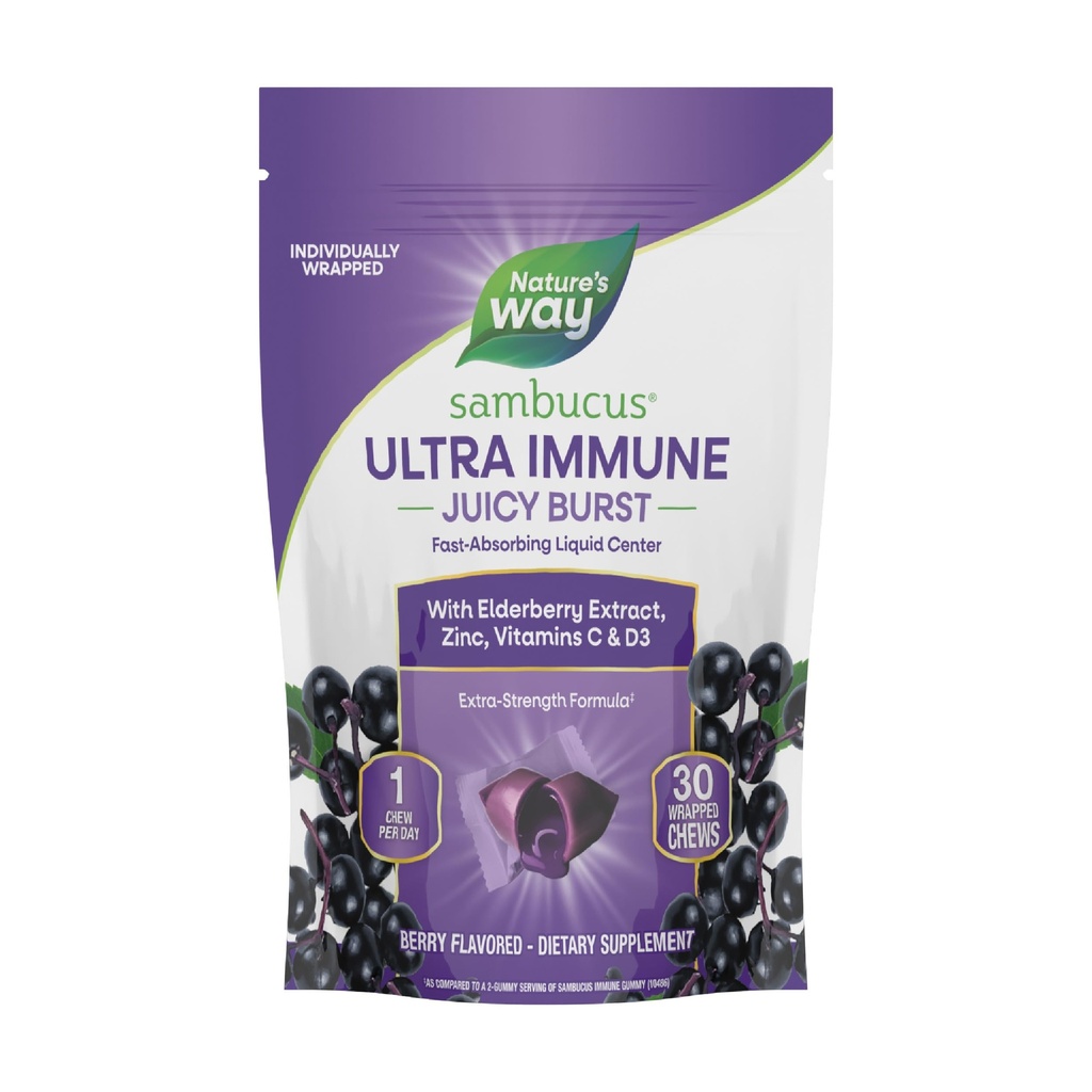 Nature's Way Sambucus Ultra Immune Juicy Burst, Extra-Strength Formula(1), Immune Support*, Vitamin D3, Vitamin C and Zinc, Elderberry Extract, 30 Berry Flavored Chews