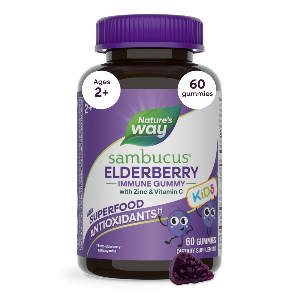 Nature's Way Sambucus Kids Elderberry Immune Gummies with Black Elderberry Extract, Daily Immune Support Gummy with Vitamin C and Zinc for Children Ages 2+*, 60 Gummies (Pack of 12)
