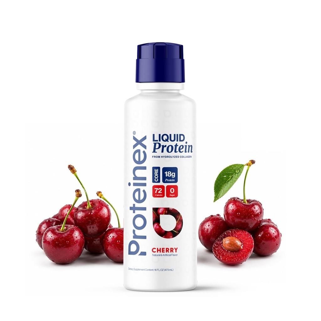 Proteinex Core Liquid Collagen Peptides, 18g Protein per Serving | Doctor Recommended | Supports Recovery & Wound Healing | Zero Sugar, Zero Carbs, Ready to Drink | (Cherry, 16 Fl Oz)
