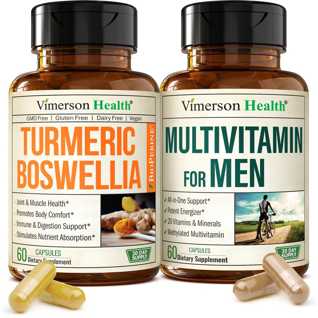 Boswellia Turmeric Curcumin Supplement + Multivitamin for Men Bundle – Supports Joint Health & Complete Daily Wellness – with Ginger Root, Organic Turmeric Powder, Methylated Vitamin B12, Zinc & More