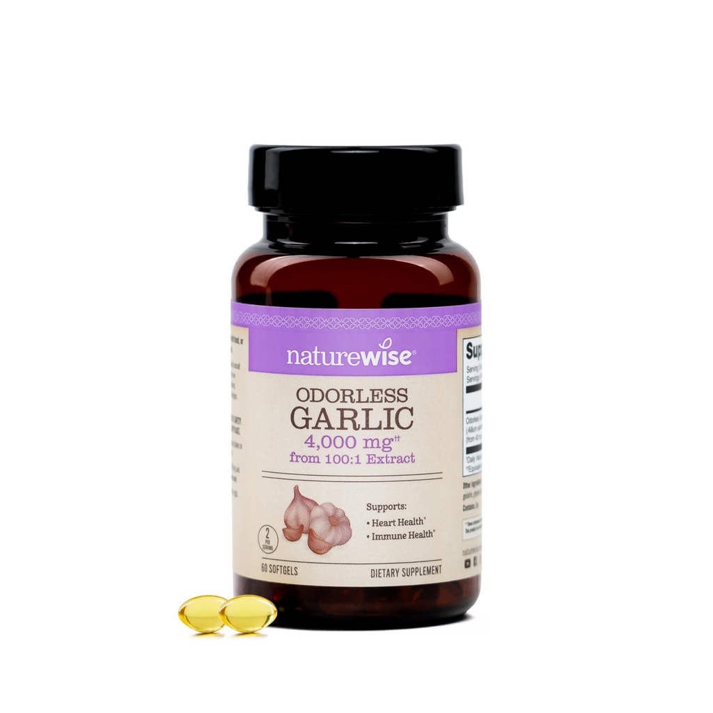 NatureWise Odorless Garlic Supplement 4000mg - Ultra Potent 100:1 Extract - Healthy Cholesterol Formula, Heart Health Support - Non-GMO, Gluten Free, with Halal Gelatin - 60 Count[30-Day Supply]