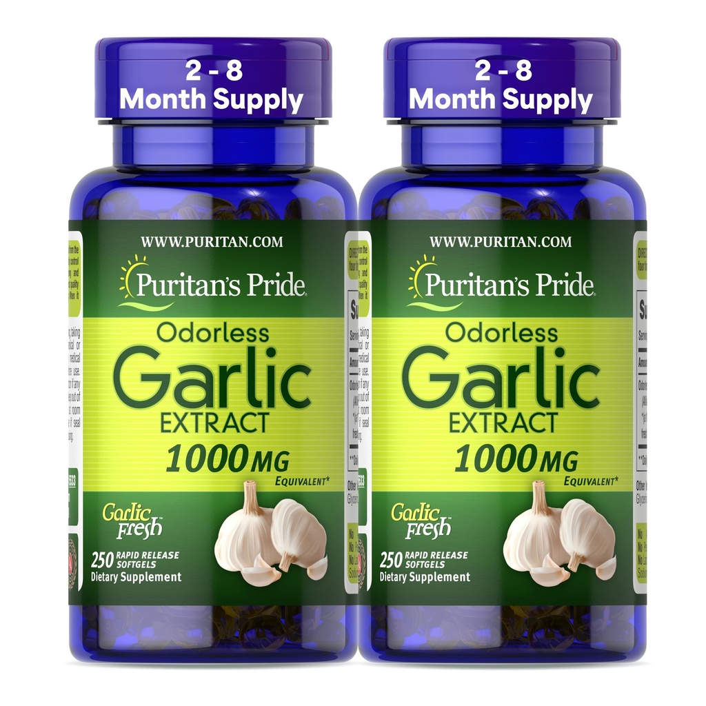 Puritan's Pride Premium Odorless Garlic, Traditional Dietary Supplement for Heart Health and Circulation Support with Antioxidant Properties, 250 Rapid Release Softgels, 2 Pack