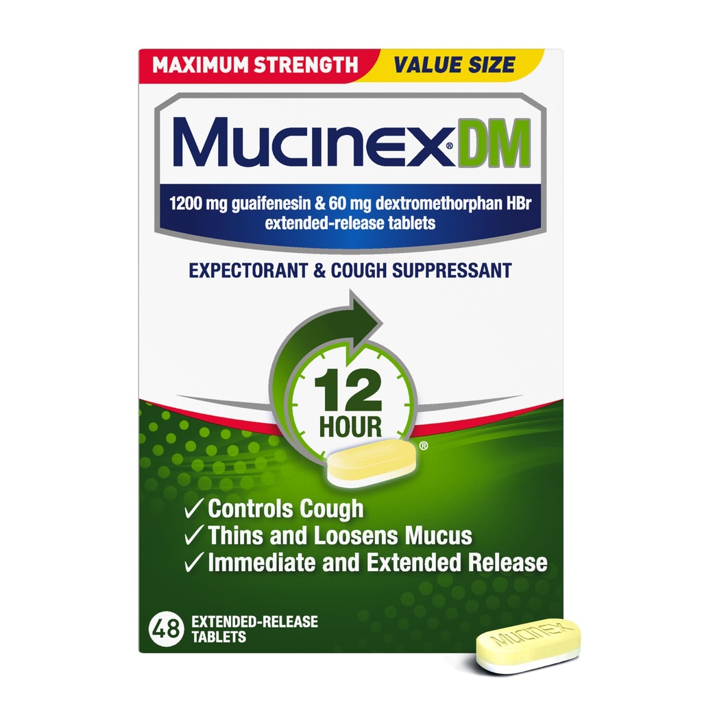 Mucinex DM 12Hr Maximum Strength Chest Congestion & Cough Medicine for Adults, Cold and Cough Medicine for Excess Mucus Relief, 1200 mg Guaifenesin & 60 mg Dextromethorphan HBr, 48 Bi-Layer Tablets