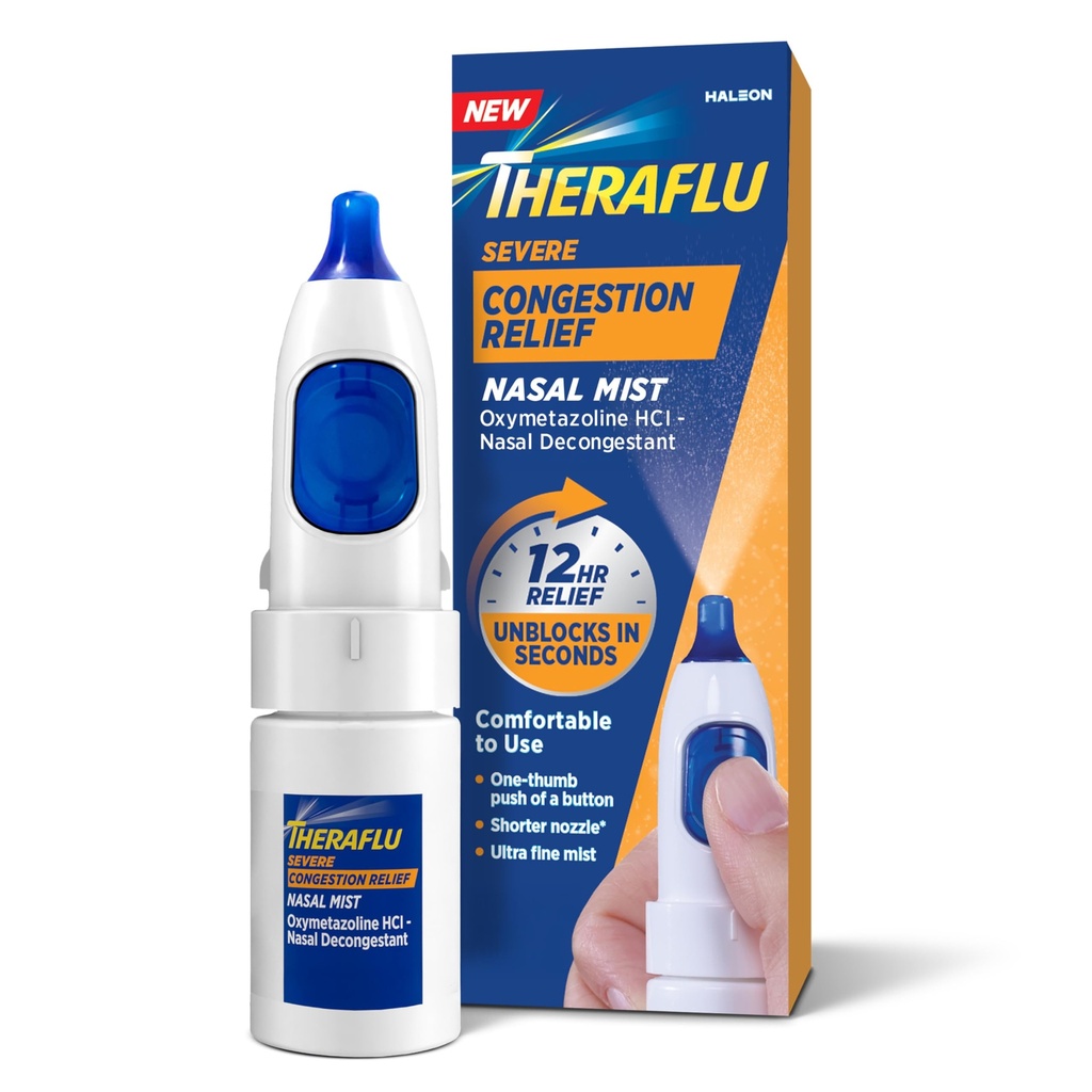 Theraflu Severe Congestion Relief Nasal Mist, Oxymetazoline HCI 0.05% Nasal Decongestant, 12-Hour Cold and Allergy Relief Congestion Relief, Ultra-Fine Mist, 0.34 fl oz