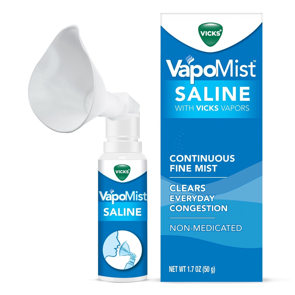 Vicks VapoMist Saline, Gentle Saline Mist with Soothing Vicks Vapors, Non- Medicated, 1.7 oz