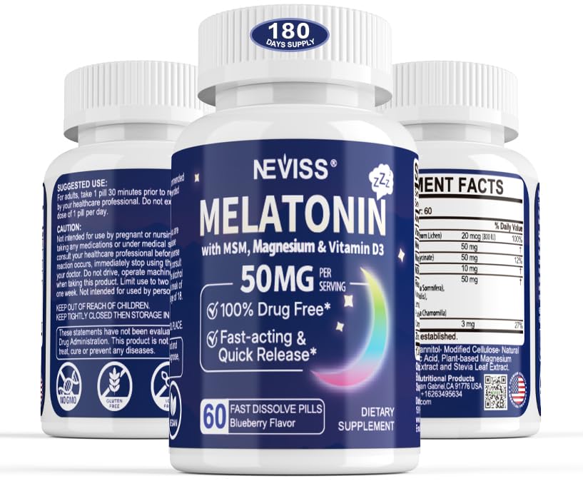 Μελατονίνη 50 mg για Ενήλικες - Επιπλέον δύναμη 9- σε- 1 Γρήγορη Διάλυση Υπογλώσσια - w/Vitamin D3 & MSM, Χαλαρωτικό βοτανικό Blend-Ashwagandha, Λεμόνι Balm, Πασιφλόρα, Χαμομήλι, Σούγκαρ Δωρεάν, Vegan 180 εξυπηρετούν