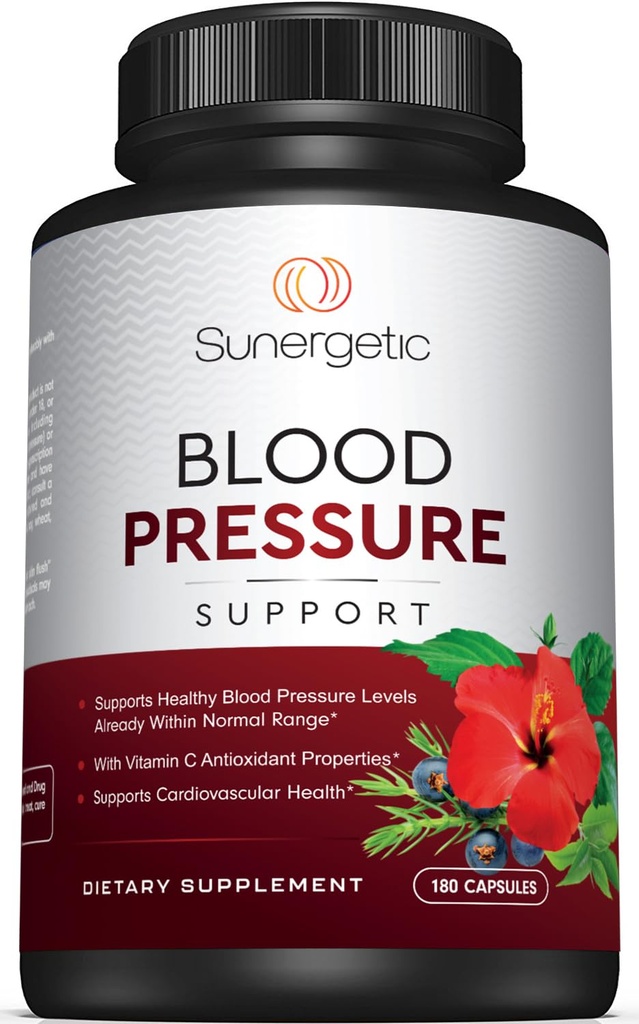 Sunergetic Premium Blood Pressure Support Supplement for Cardiovascular & Heart Health with Garlic, Hawthorn & Hibiscus (180 Capsules)