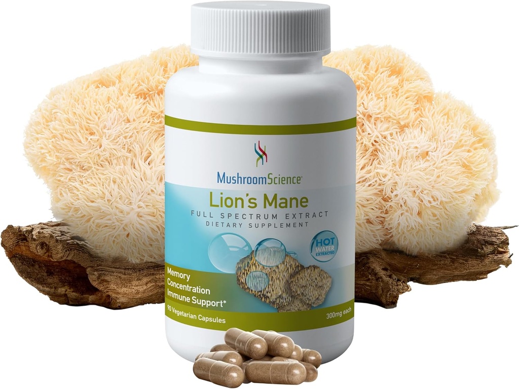 MushroomScience Lions Mane Mushroom Κάψουλες, μνήμη & υποστήριξη συγκέντρωσης, πλήρες εκχύλισμα φάσματος, συμπλήρωμα μανιταριών για ενήλικες, ζεστό νερό εκχυλιζόμενα μανιτάρια, χορτοφαγικά, 300MG, 90 ct