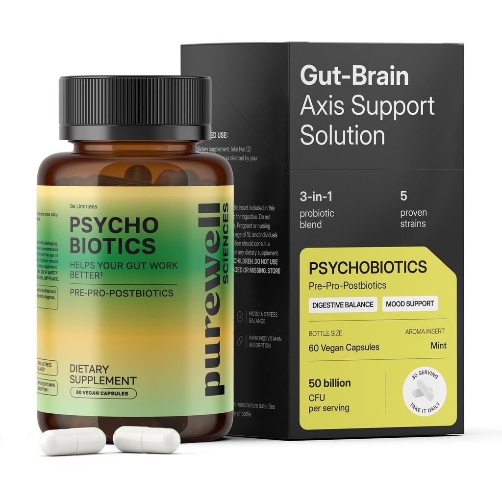 Psychobiotics – Advanced 3-in-1 Probiotic Prebiotic Postbiotic Supplement for Gut and Mood Support - 60 Vegan Probiotic Capsules – 50 Billion CFU – 1-Month Supply