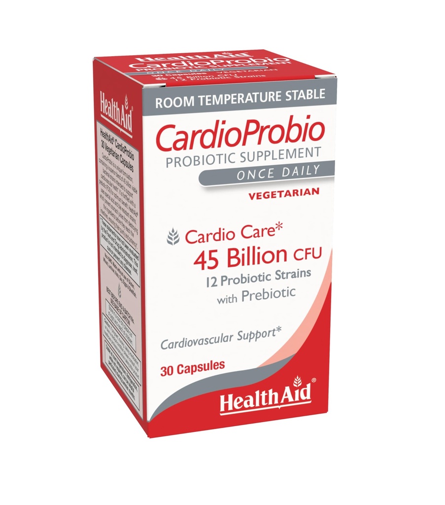 HealthAid CardioProbio Gut-Heart Probiotic – 45 Billion CFU, 12 Strains + Prebiotic – Supports Digestive Health & Cardiovascular Wellness – Acid & Bile Resistant, Vegetarian – 30 Capsules*