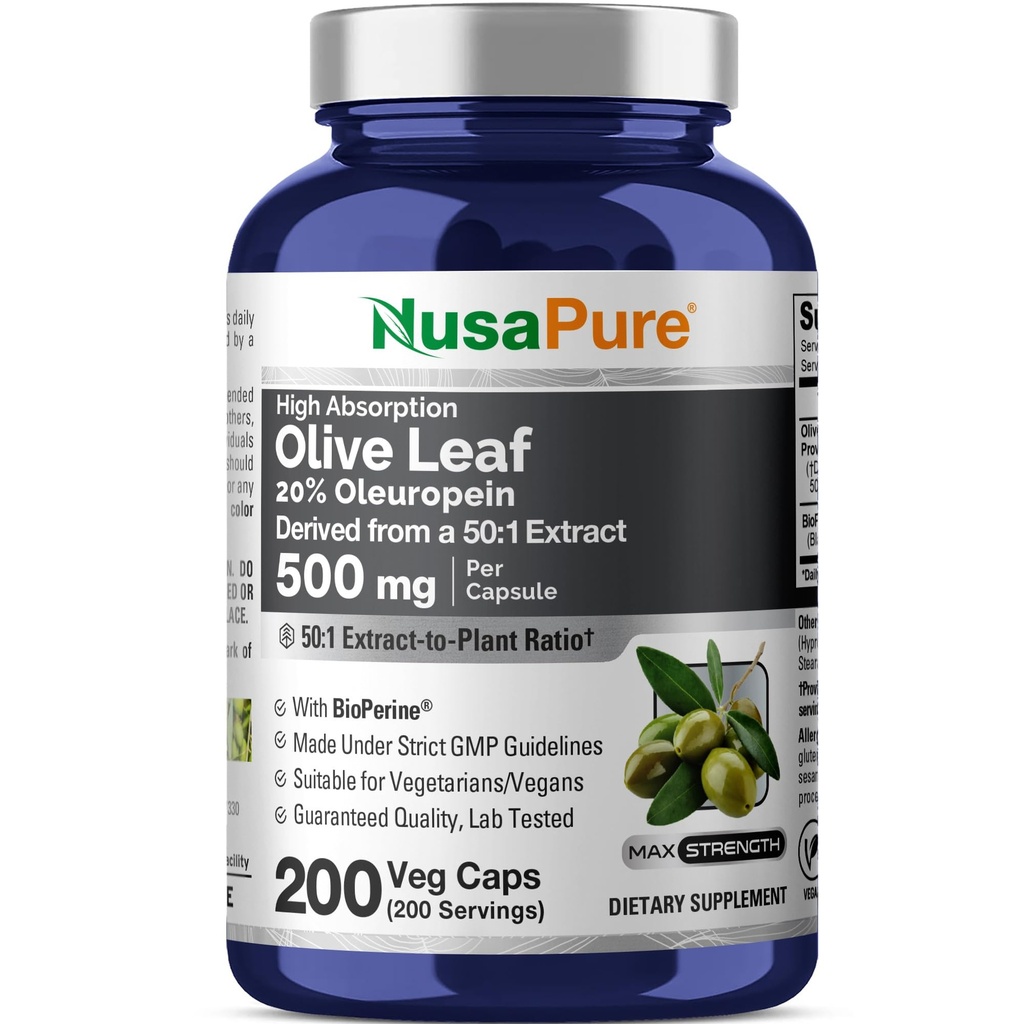 NusaPure Olive Leaf 20% Oleuropein 50:1 Extract, 500 mg Ισοδύναμο με 25.000 mg 200 Veg Caps Κατάλληλο για χορτοφάγους και χορτοφάγους, μη ΓΤΟ