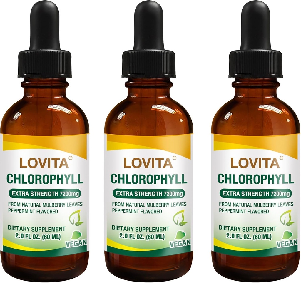 Lovita Chlorophyl Liquid Drops, High Potency 120 mg/mL, 7,200 mg ανά φιάλη, Natural Energy Booster & Immune Support, Internal Deodorant, Skin Health, Vegan & Non-GMO, Mint Flavor, 180 Servings