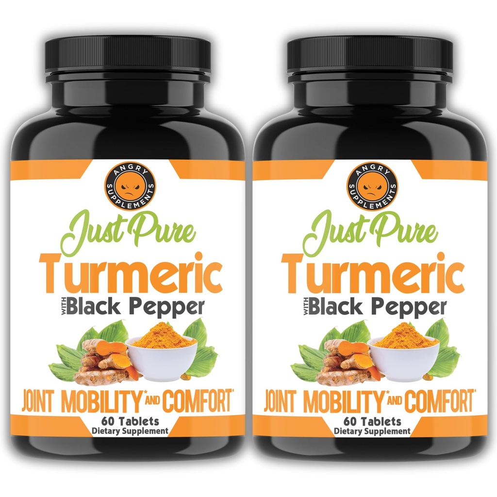 Angry Supplements Just Pure Turmeric Root with Black Pepper – Support, Comfort, Flexibility Blend, 2-Pack (120 Vegetarian Tablets Total) 4-Month Supply