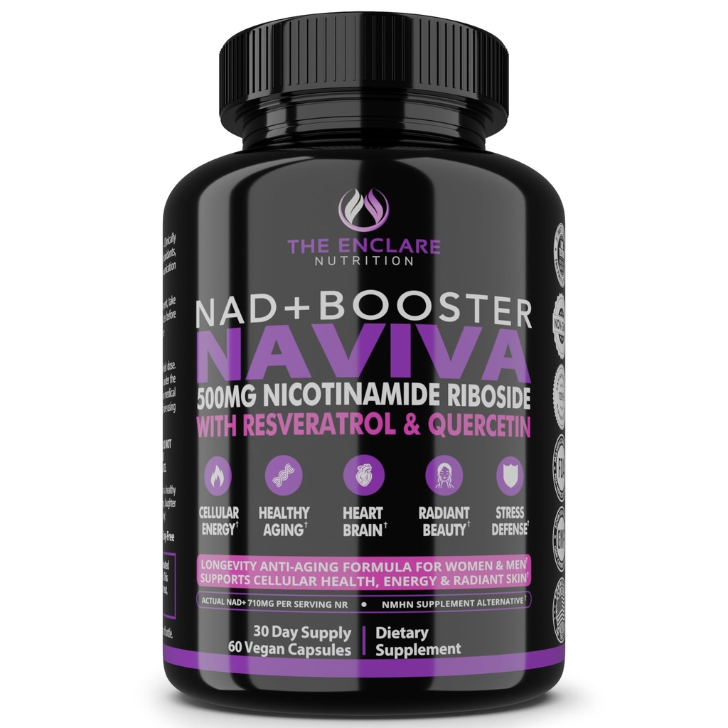 NAD Supplement for Women & Men – NAD+ Booster NAVIVA 500mg Nicotinamide Riboside Resveratrol & Quercetin – Anti-Aging NMN Alternative for Cellular Energy & Renewal, Brain, Heart, Skin – 60 Vegan Caps