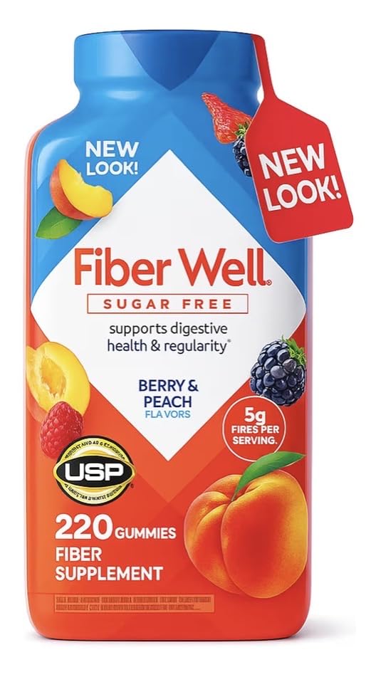 Vita Fiber Well Gummies Sugar Free | Berry & Peach Flavors (220 Count) Daily Fiber Supplement with Prebiotic Support | Adult Gummy Vitamins for Digestive Health & Regularity