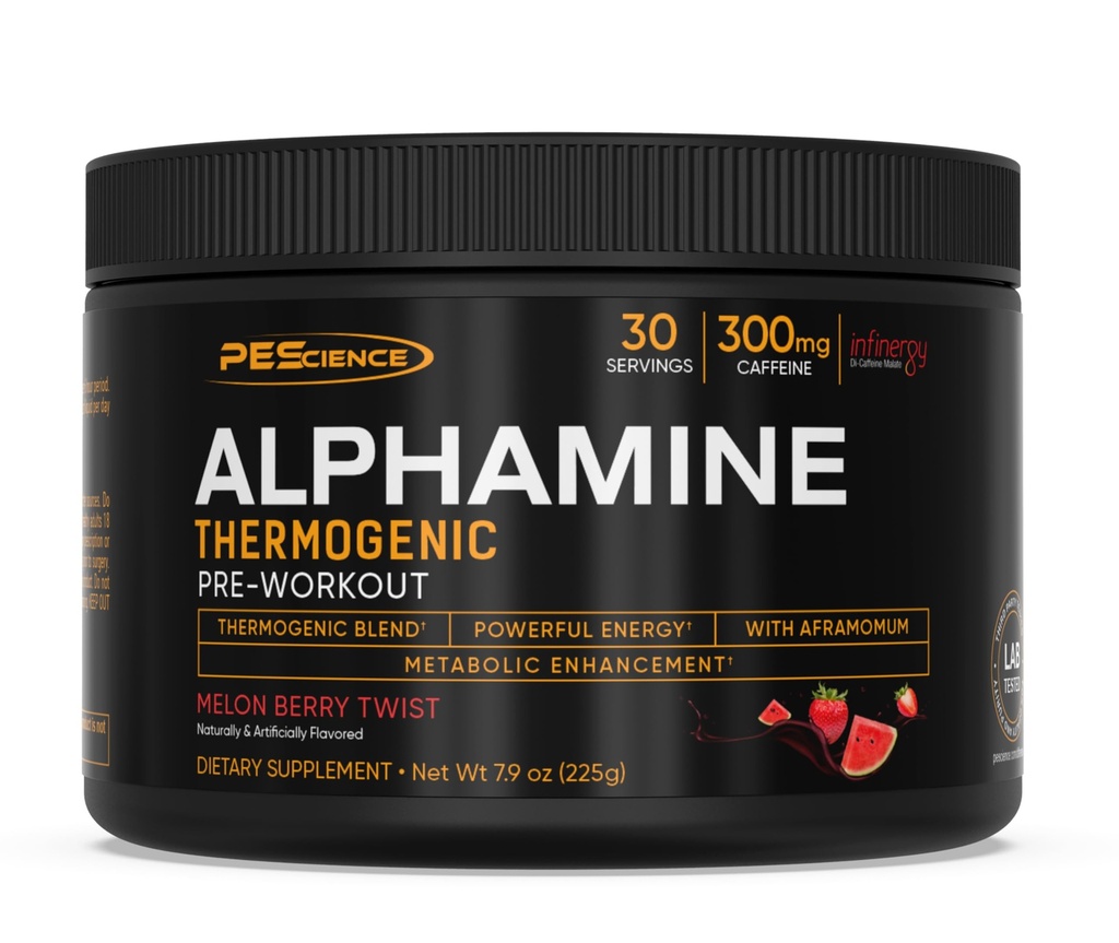 PEScience Alphamine Thermogenic Pre-Workout, Fat Burning PreWorkout Energy Powder with L-Carnitine - Melon Berry Twist, 60 Scoops