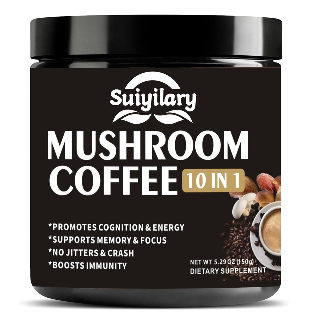 Καφές μανιταριών, 10 Mushroom Extract Powder Blend Lion's Mane, Reishi, Chaga, Cordyceps, Turkey Tail, Συμπληρώματα εγκεφάλου με στιγμιαίο καφέ για ενέργεια, εστίαση, μνήμη και ασυλία 150g