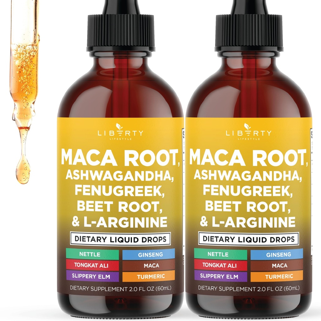 Liberty Lifestyle Organic Maca Root Liquid Drops with Ashwagandha, Nettle, Fenugreek, Beet Root and L-Arginine Liquid Multivitamin for Women and Men - 4oz
