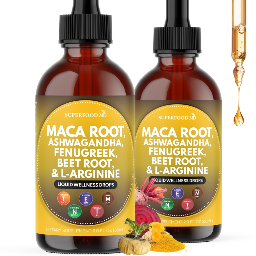Superfood MD Maca Root Liquid Drops with Ashwagandha, Nettle, Fenugreek, Beet Root and L-Arginine Liquid Multivitamin for Women and Men - 4 Oz