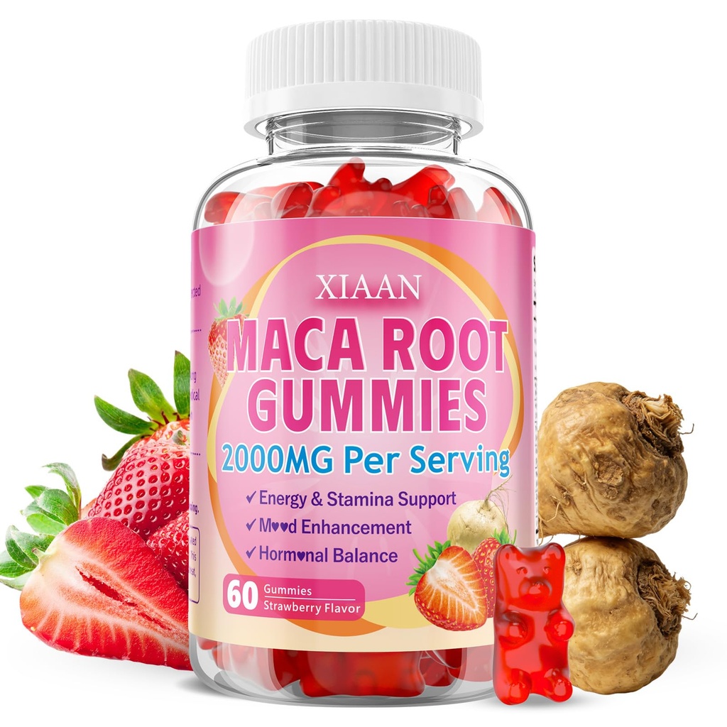 Maca Root Gummies for Women & Men, Organic Maca Root Supplement with Ashwagandha for Energy & Strength Support, Sugar-Free/Vegan/Non-GMO, Strawberry Flavor 60 Count
