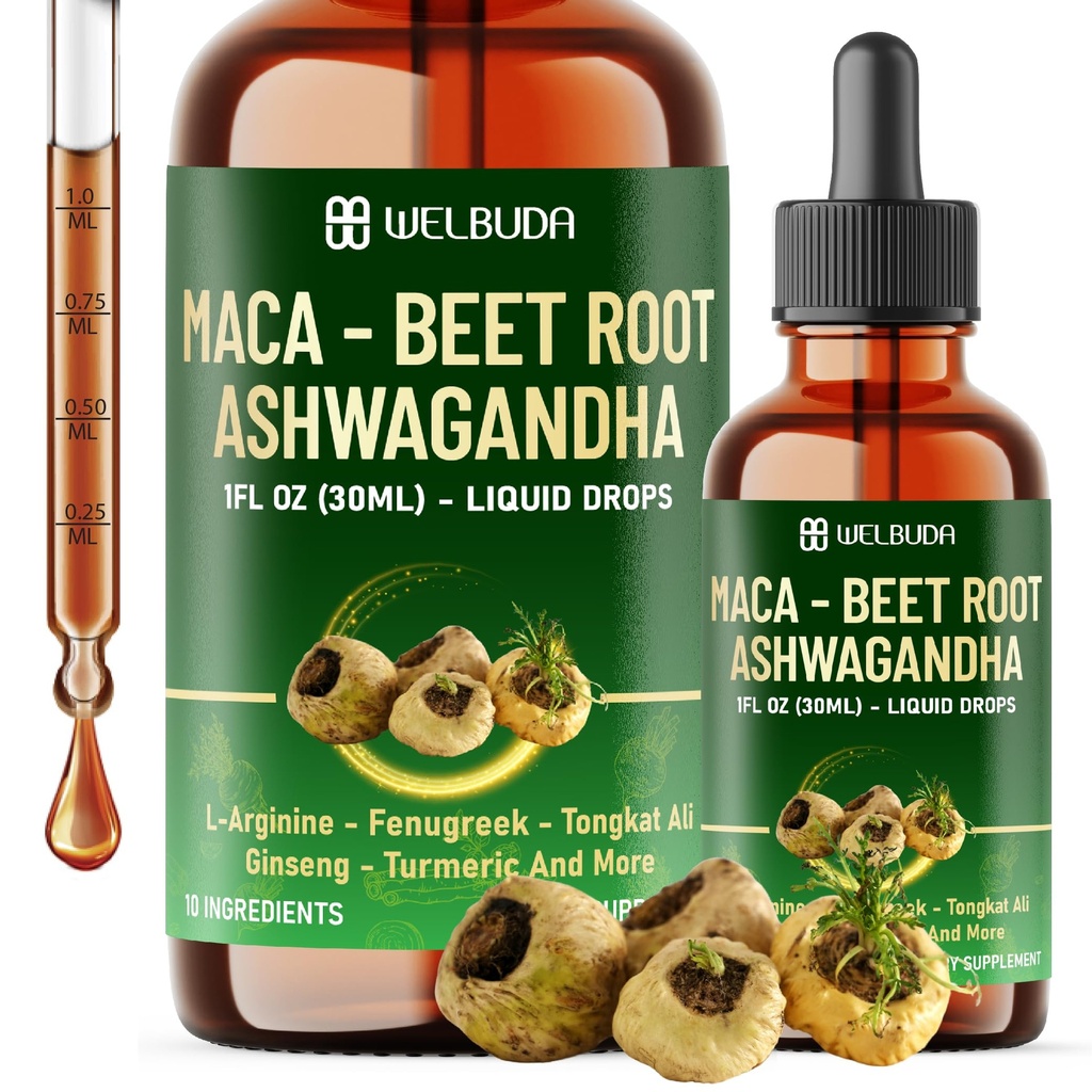 WELBUDA 10in1 Maca Root Liquid Drops with Ashwagandha, Fenugreek, Beet Root and L-Arginine Liquid, Fenugreek and More - Support Energy, and Digestive Health - 1 FL Oz - 60 Day Supply