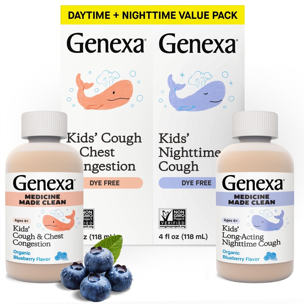 Genexa Παιδική Καθαρή Ημέρα & Νυχτερινή Ιατρική για τον Βήχα, Χωρίς Βαφή, 0% Τεχνητές Πρόσθετες, Παιδικός Βήχας, Θωρακική Συμφόρηση, Runny Μύτη & Φτάρνισμα Ανακούφιση, Ηλικίες 6+, Οργανική Γεύση Βατόμουρου, 8 fl oz (2 Pack)