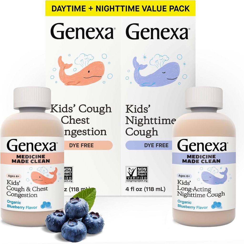 Genexa Kids' Clean Day & Night Cough Medicine, Dye Free, 0% Artificial Additives, Children's Cough, Chest Congestion, Runny Nose & Sneezing Relief, Ages 6+, Organic Blueberry Flavor, 8 fl oz (2 Pack)