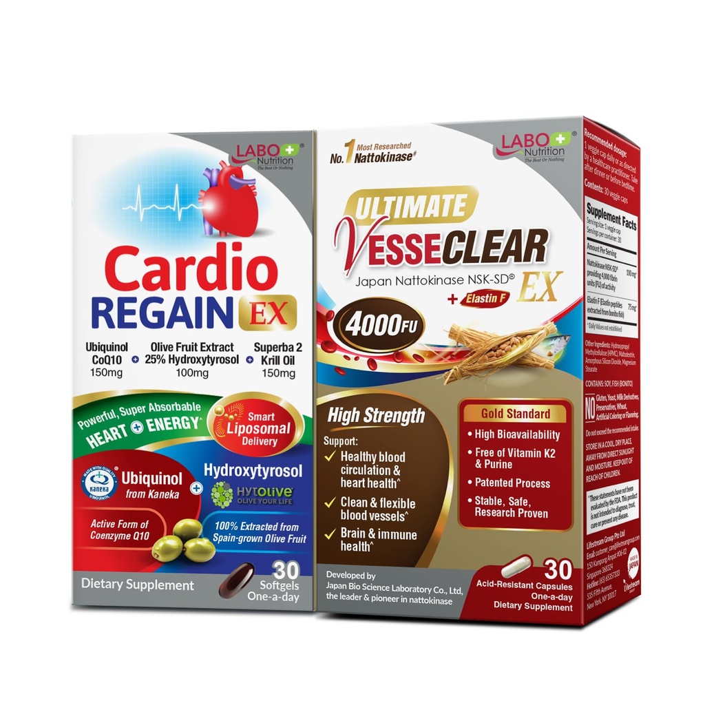 LABO Nutrition Ultimate VesseCLEAR EX & CardioREGAIN EX Bundle – Clean & Flexible Blood Vessel & Heart Energy- Nattokinase NSK-SD 4000FU, Elastin, Ubiquinol CoQ10, Olive Fruit Extract Hydroxytyrosol