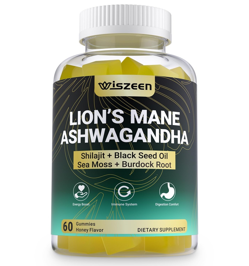 Ashwagandha Gummies - Lions Mane Gummies, Ashwagandha Lion's Mane Supplement with Shilajit, Sea Moss, Black Seed Oil for Adults - Energy, Cognitive & Immune Support