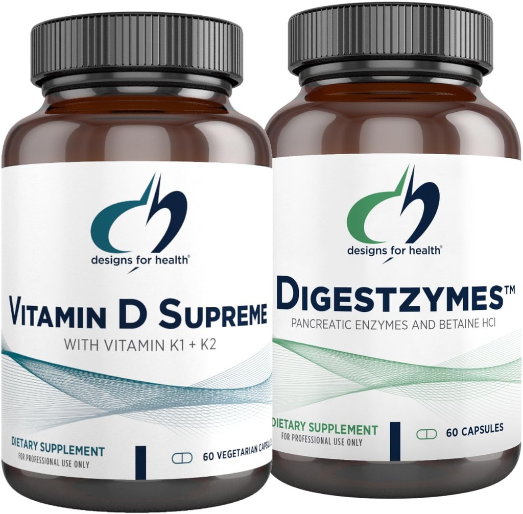 Σχέδια για την Υγεία Βιταμίνη D Supreme + Digestzymes Digestive Enzymes Bundle - Βιταμίνη D3 5000 IU με 2000mcg Βιταμίνη + Ένζυμα Υποστήριξης Διέγερσης με Betaine HCl - 2 Προϊόντα