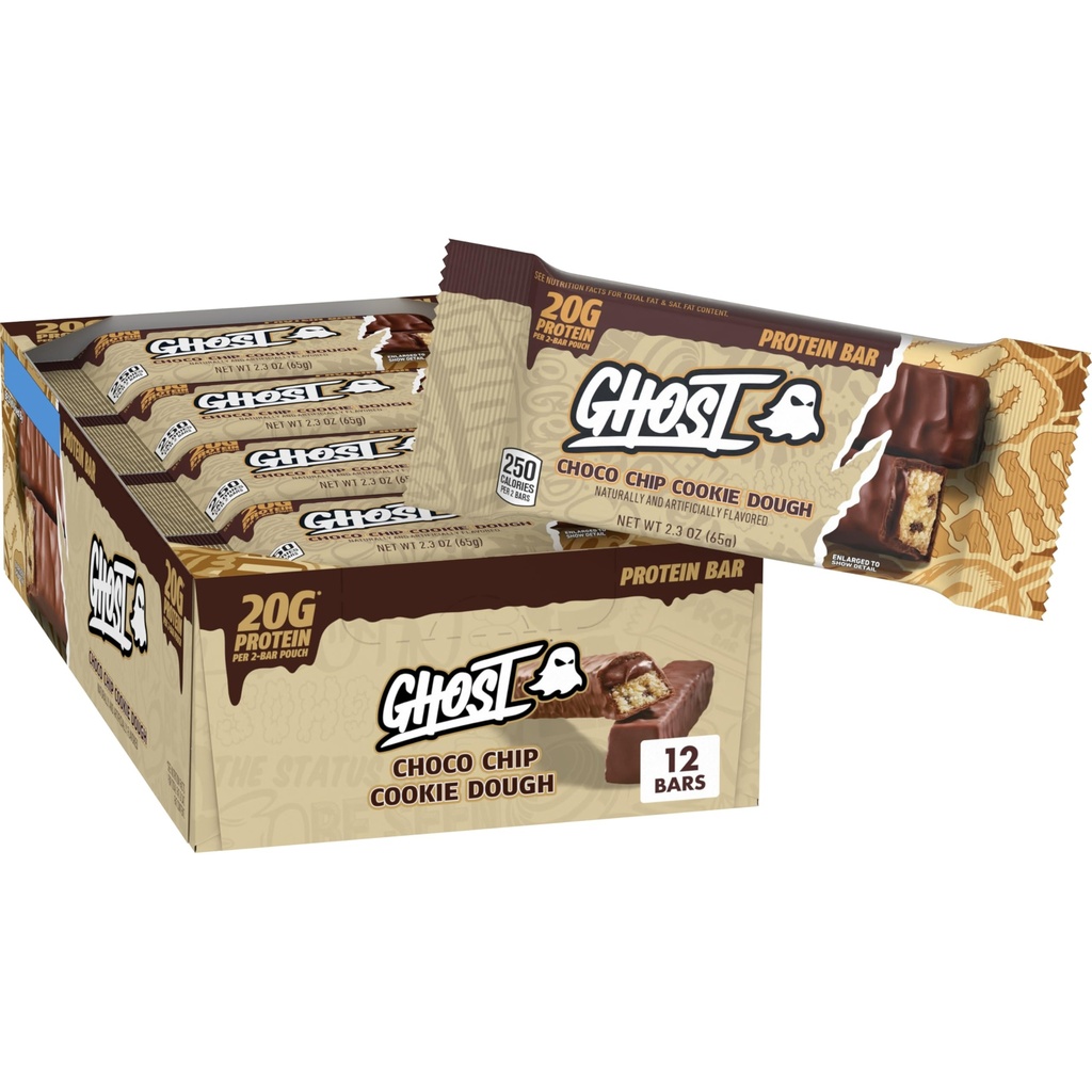 GHOST PROTEIN BAR, CHOCO CHIP COOKIE DOUGH Flavor, 20G Protein, 2G Sugar, 12 Dual-Bar Packs, 27.6 oz