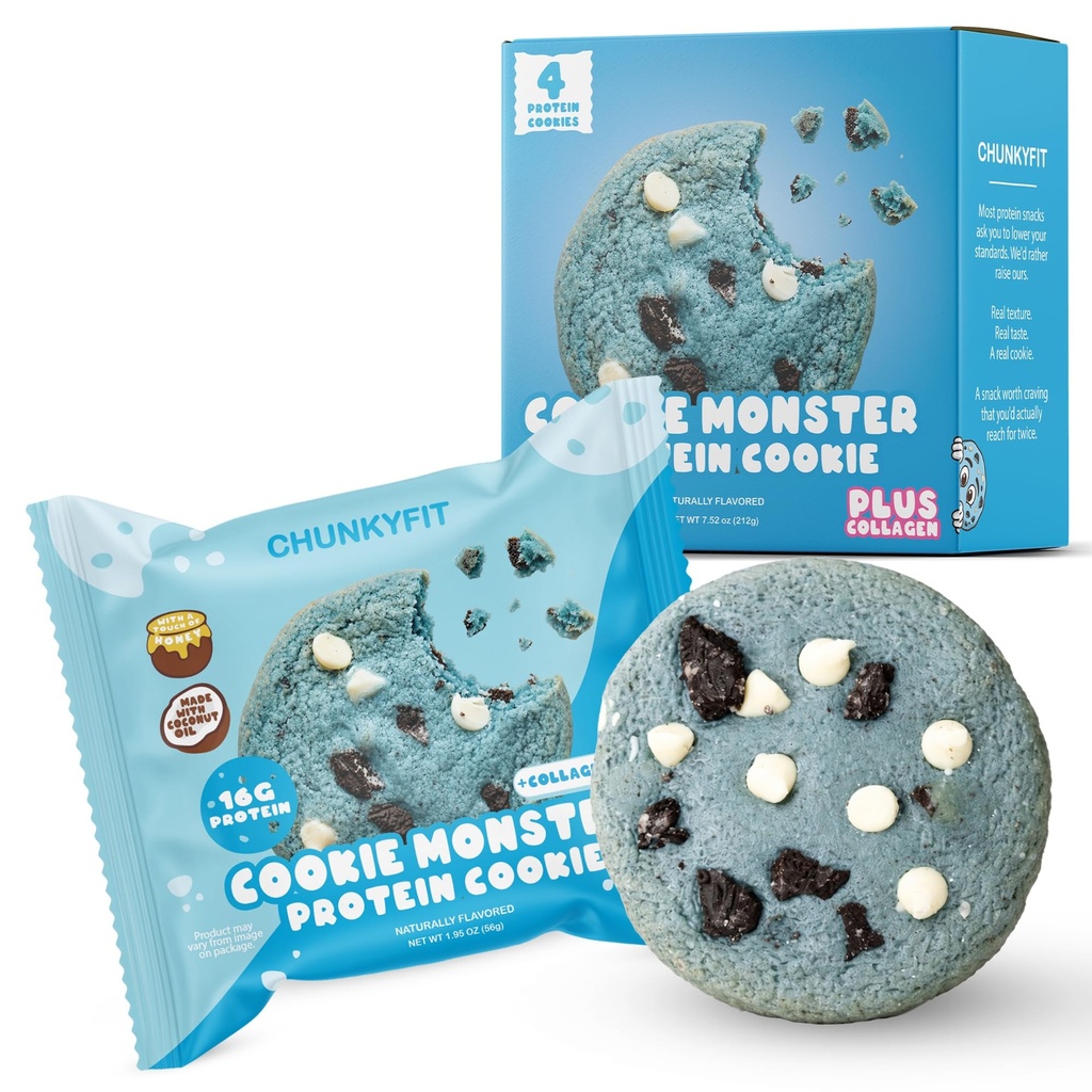 CHUNKYFIT Cookie Monster Protein Cookie - Made with Coconut Oil, Collagen, 16g Protein, a Touch of Honey, Soft Baked Balanced Snack, Good for Post Workout Recovery - 1.87 OZ - 4 Pack