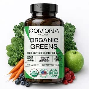 Pomona Wellness Super Greens συμπλήρωμα, Γεμάτο από βιταμίνες & μέταλλα, φρούτα & λαχανικά, πράσινοι σκόνη για Μπλόφα και πέψη, υγεία των ούλων, USDA οργανικά, μη-GMO, 60 δισκία
