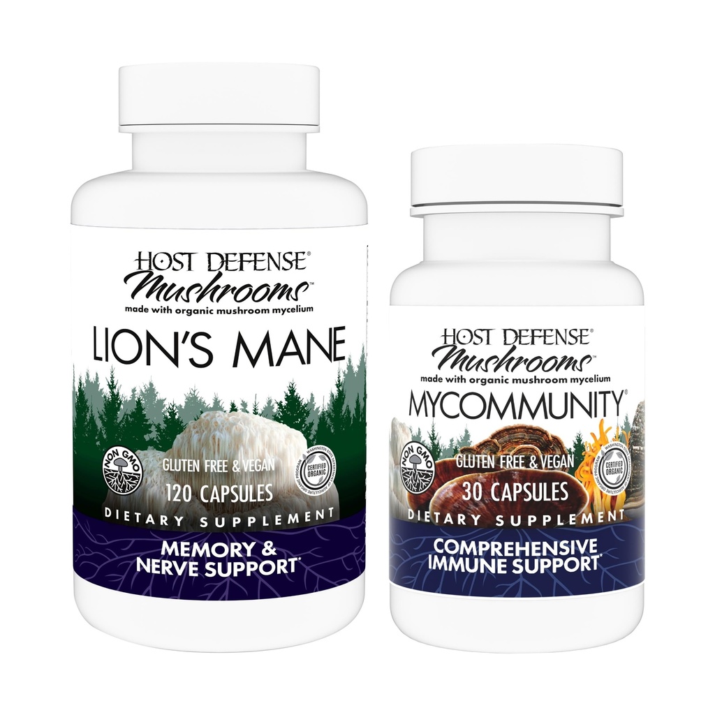 Host Defense Bundle with Lion's Mane Capsles, 120 Count & MyCommunity Capsles, 30 Count - Υποστήριξη Εγκεφαλική Υγεία, Μνήμη & Εστίαση - Υποστήριξη Ανοσοποιητική Υγεία με 17 είδη Mushroom Blend*