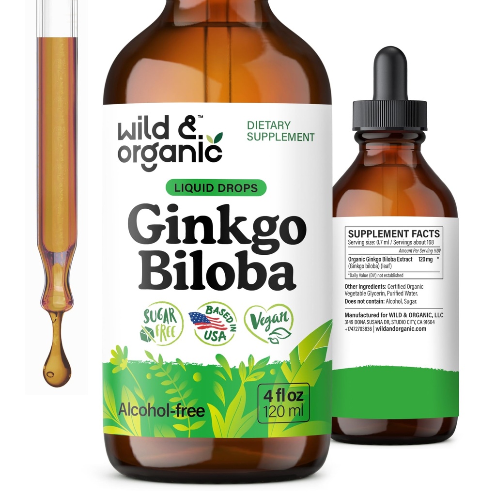 Άγρια & Βιολογικά Ginkgo Biloba εκχύλισμα σταγόνες - Εγκέφαλος & υποστήριξη εστίασης - Υγρό Ginkgo Biloba συμπληρώματα - Vegan, ζάχαρη & αλκοόλ-ελεύθερος βοτανική βαφή - 4 fl oz