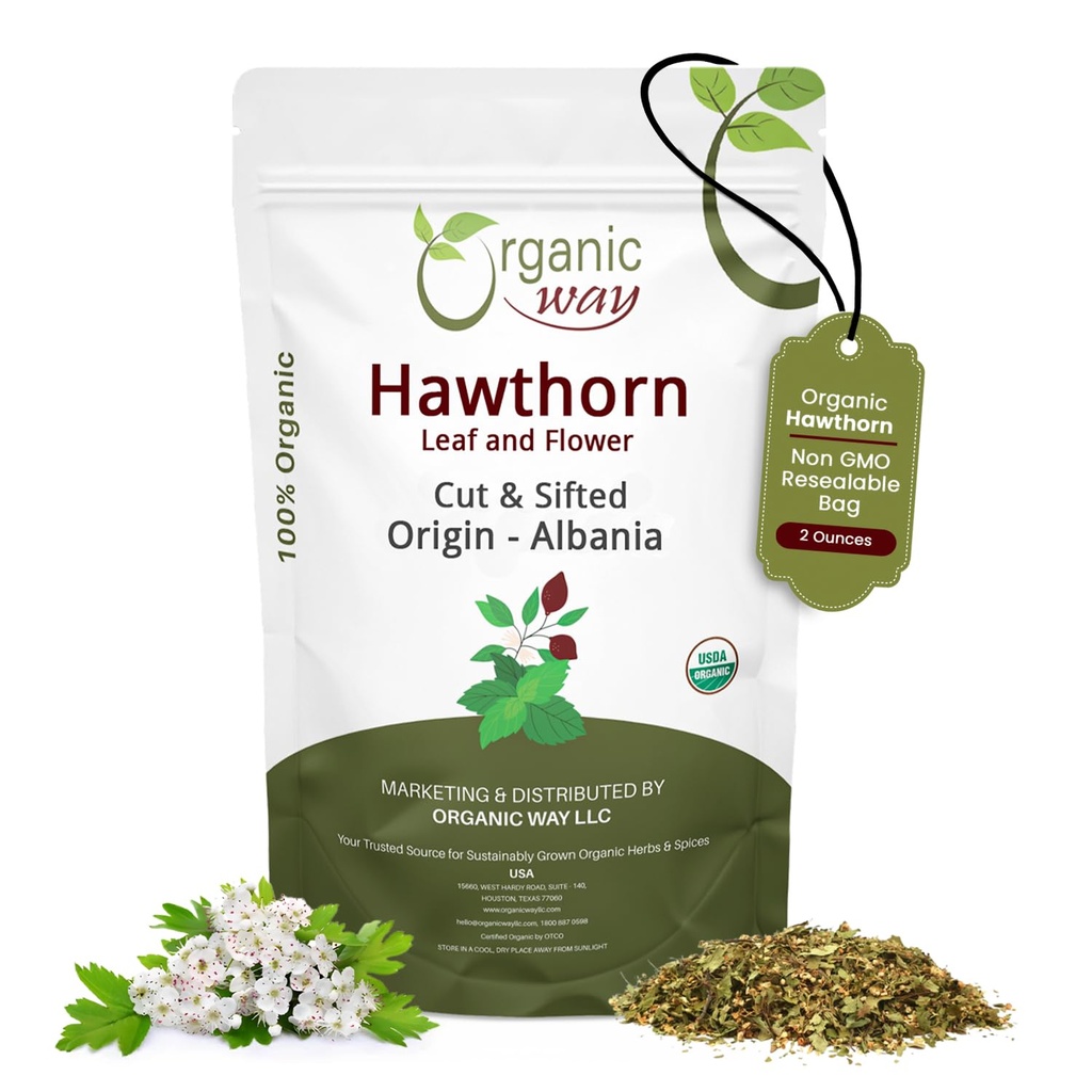 Organic Way Hawthorn Leaf and Flower Cut & Sifted (Crataegus monogyna) - Herbal Tea | European Wild-Harvest | USDA & Kosher Certified | Non GMO & Gluten Free | Origin - Albania (2 Oz)