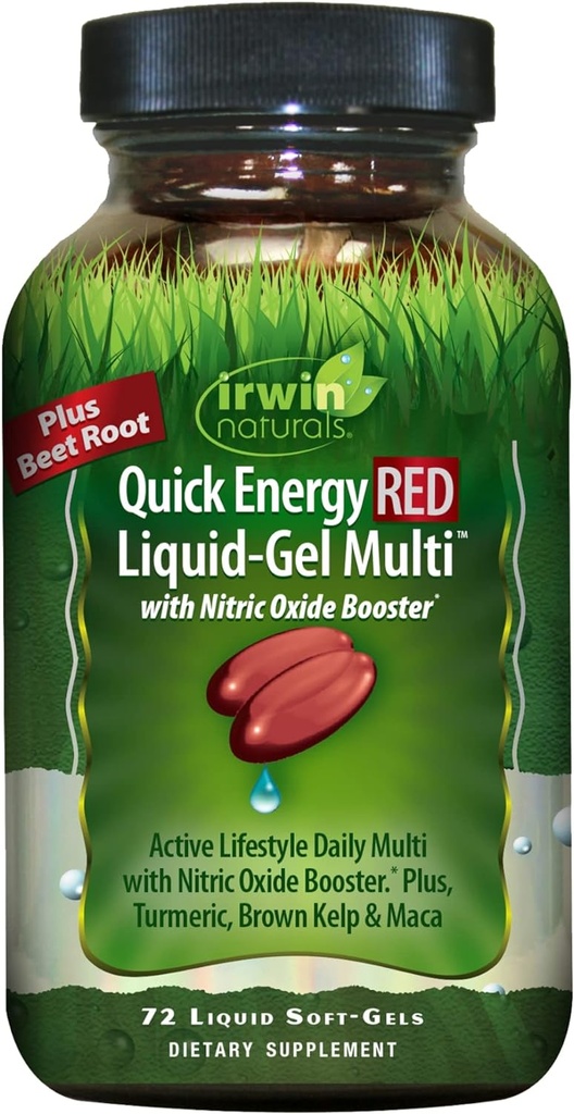 Irwin Naturals Quick Energy RED Liquid-Gel Multi με Nitric Oxide Booster - 72 Liquid Softgels - με Nitric Oxide Booster, Turmeric, Brown Kelp, Maca & Beet Root