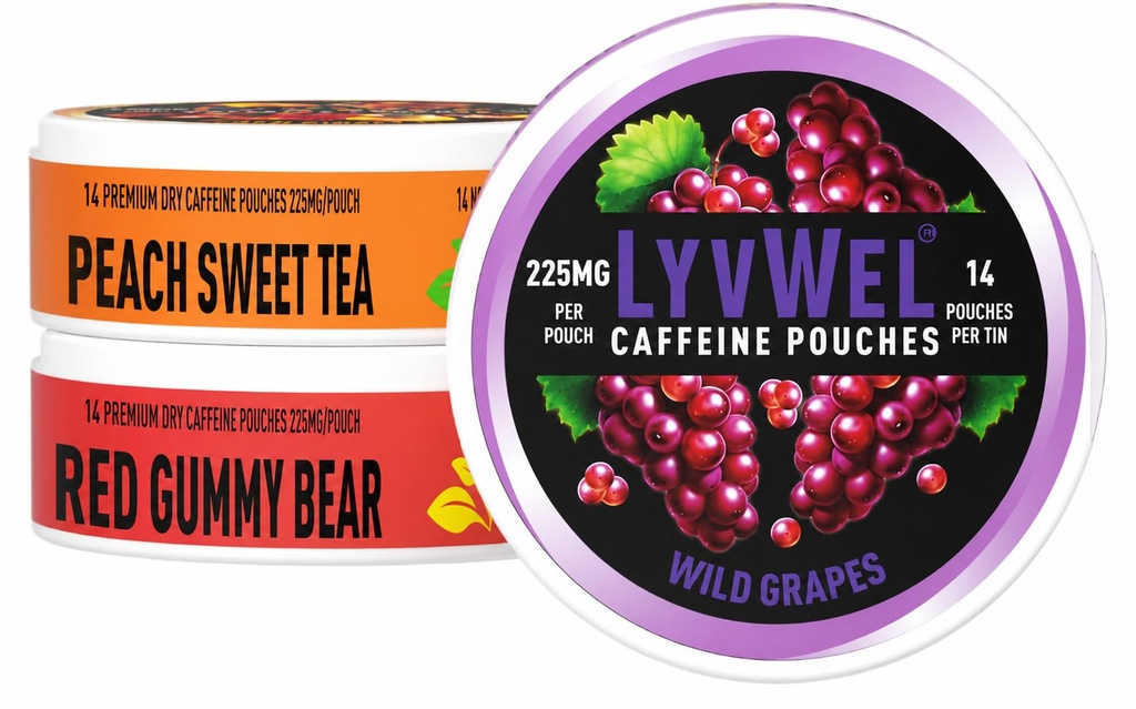 LyvWel 225mg Caffeine Pouches, Guarana-Powered Energy Pouches, Nootropic Pouches, Nicotine-Free & Tobacco-Free, 3-Pack, 42 Pouches (Wild Grape, Peach Sweet Tea, Red Gummy)