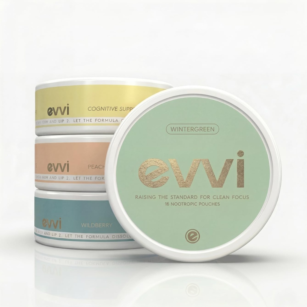 evvi Nicotine-Free Focus Pouches – Clean Energy, Ultra Focus – Tobacco-Free Oral Nootropic Pouches – 15 Pouches per Can (Mixed Flavors, 4 Pack)