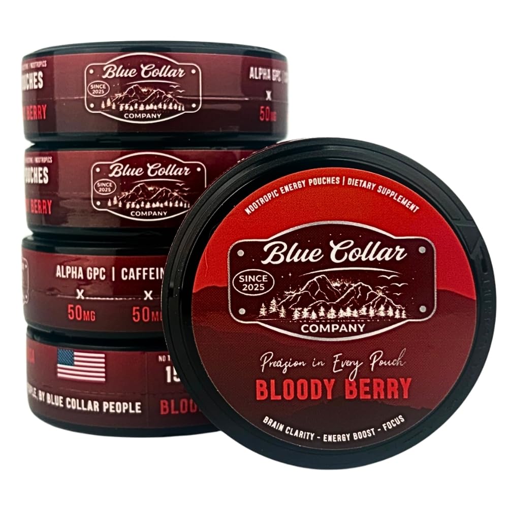 Caffeine Nootropic Pouches (Bloody Berry) - Energy Pouches with 50mg Caffeine, Alpha GPC, No Sugar or Artificial Sweeteners - 15 Pouches Per Can - 5 Pack