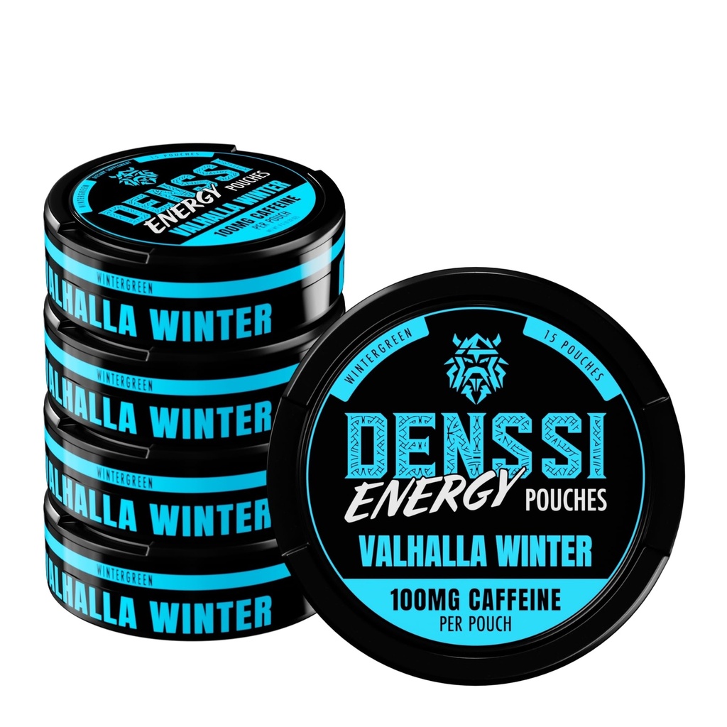 Denssi Energy Pouches – Fast-Acting Caffeine + Nootropic Boost – Sugar-Free, Tobacco-Free, Zero Crash Replacement/Alternative for Focus and Energy (5-Pack, Valhalla Winter (Wintergreen))