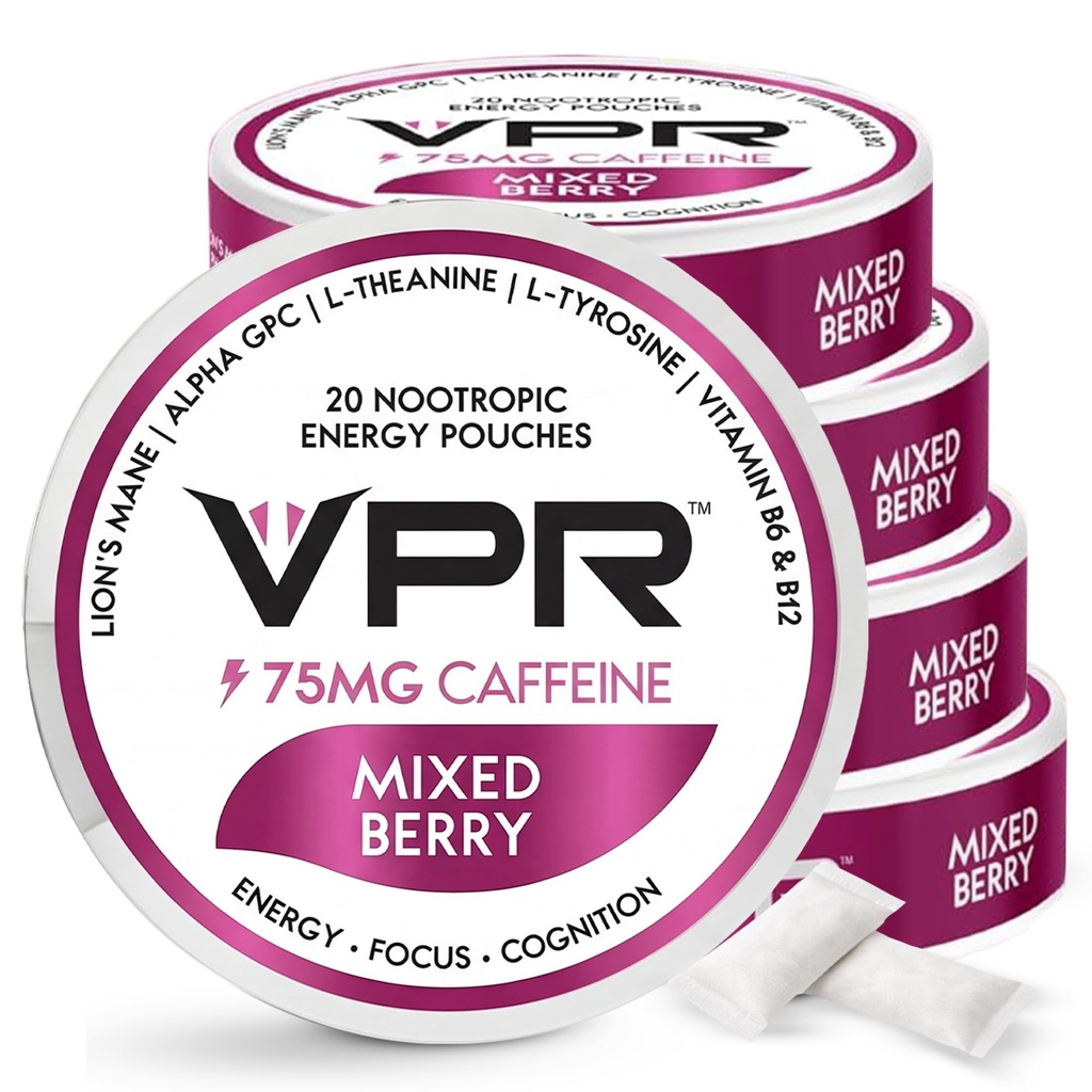 VPR 75MG Caffeine Nootropic Pouches | 20 Count Energy Pouches with Lion's Mane, Alpha-GPC, Vitamin B6 & B12, L-Theanine, and L-Tyrosine | Naturally Flavored Focus Pouches with No Sugar (Mixed Berry)