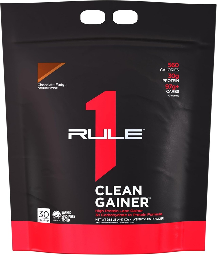 Rule 1 Clean Gainer - High-Protein Lean Gain Formula with 560 Calories, 30g of Full-Spectrum Protein, Over 90g Carbs, Under 6g of Fat (30 Servings, Chocolate Fudge)