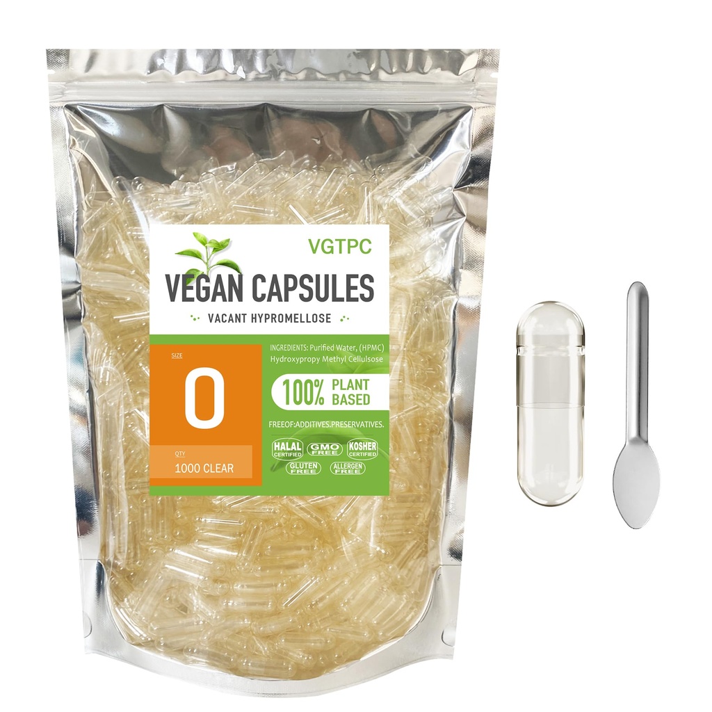 Empty Capsules Size 0 Vegan - 1000 Count Clear Empty Plant-Based Capsules -Kosher Certified, Halal Certified, for DIY Supplement Filling