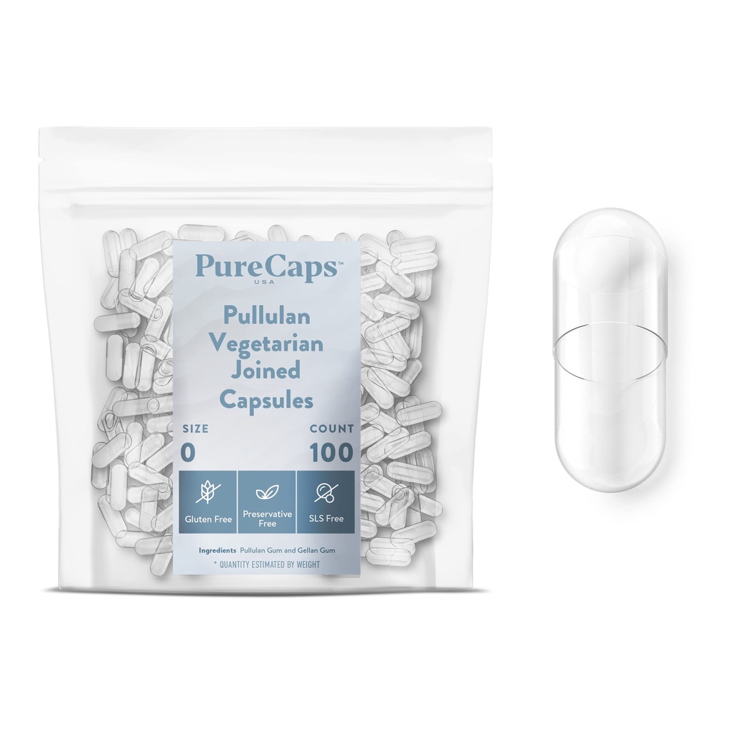 PureCaps USA - Empty Vegetarian Vegan Pullulan Pill Capsules Size 0| 100 Joined Pills| Clear| Non-GMO Certified| SLS, Gluten, Preservative Free